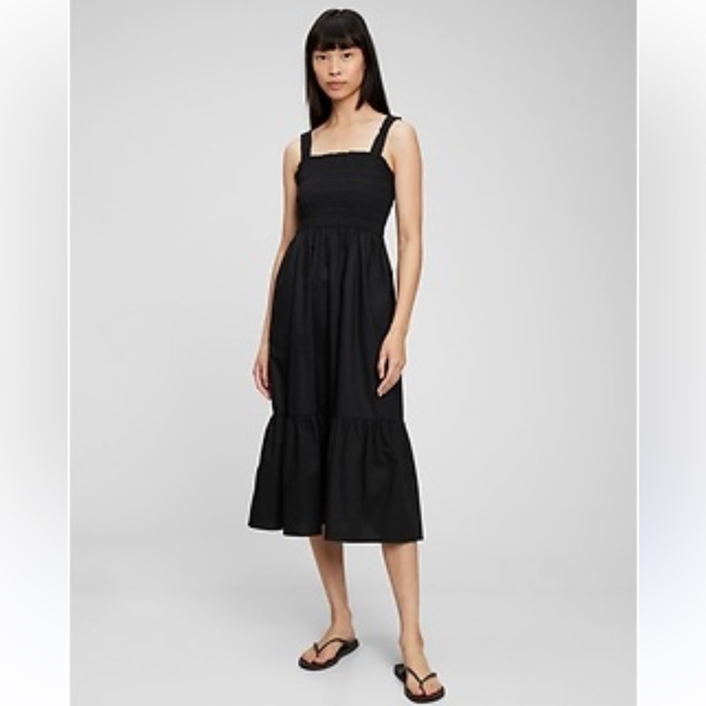 NEW Old Navy Smocked Midi Tank Dress Size M Petite Black 100% Cotton Side Slit